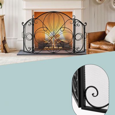 Pare-feu Cheminee Noir 3 Panneaux Pliables - Grille de Protection en Metal pour Cheminee ou Poele