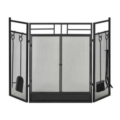 Pare-feu large cheminée/poêle serviteur de cheminée 2 en 1 - avec accessoires - 3 volets pliables et porte - acier noir