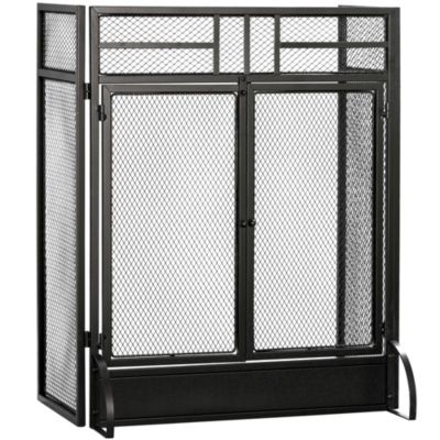 Pare-feu large pour cheminée ou poêle - pare-étincelles - 3 volets pliables et double porte - métal noir