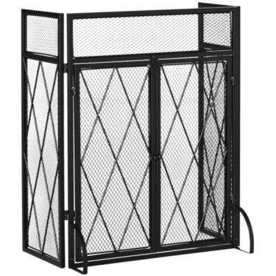 Pare-feu large pour cheminée ou poêle - pare-étincelles - 3 volets pliables et portes - métal noir