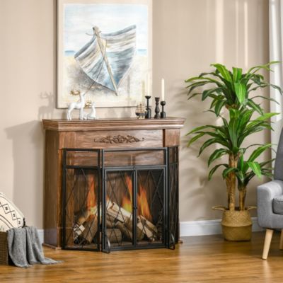 Pare-feu large pour cheminée ou poêle - pare-étincelles - 3 volets pliables et portes - métal noir