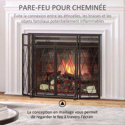 Pare-feu large pour cheminée ou poêle - pare-étincelles - 3 volets pliables et portes - métal noir