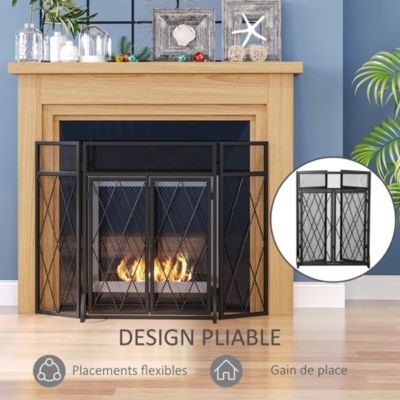 Pare-feu large pour cheminée ou poêle - pare-étincelles - 3 volets pliables et portes - métal noir