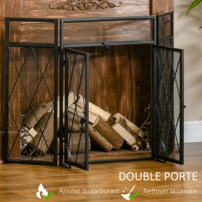 Pare-feu large pour cheminée ou poêle - pare-étincelles - 3 volets pliables et portes - métal noir