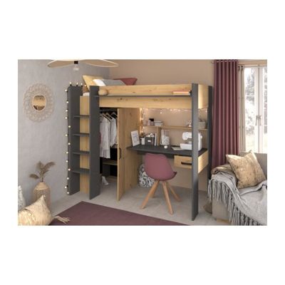 PARISOT Lit combine mezzanine enfant - Decor chene et gris - Sommier  inclus - 90 x 200 cm - HIGH