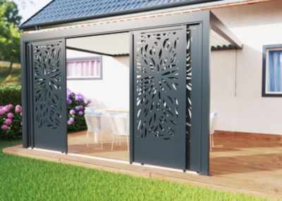 Paroi coulissante effet feuillage façade 4 m gris foncé RAL 7016 pour pergola Salto Alumin'home