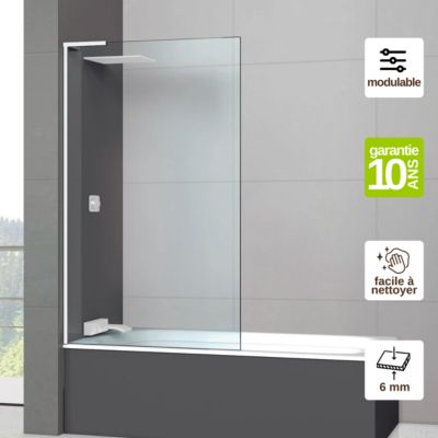 Paroi de baignoire fixe en verre sécurité transparent ép 6mm anti calcaire, L100 x H147 cm, blanc brillant, SUPERBAN Mont Blanc E