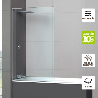 Paroi de baignoire fixe en verre sécurité transparent ép 6mm anti calcaire, L100 x H147 cm, chrome, SUPERBAN Mont Blanc E