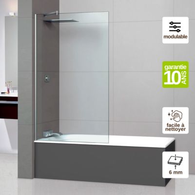 Paroi de baignoire fixe en verre sécurité transparent ép 6mm anti calcaire, L120 x H147 cm, chrome, SUPERBAN Mont Blanc CC
