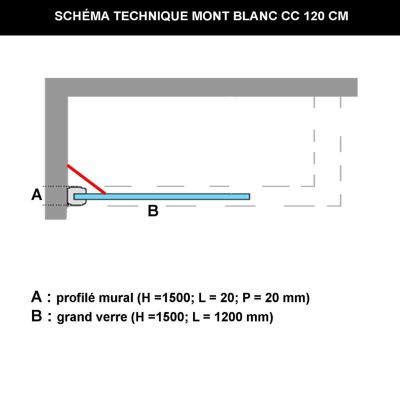Paroi de baignoire fixe en verre sécurité transparent ép 6mm anti calcaire, L120 x H147 cm, chrome, SUPERBAN Mont Blanc CC