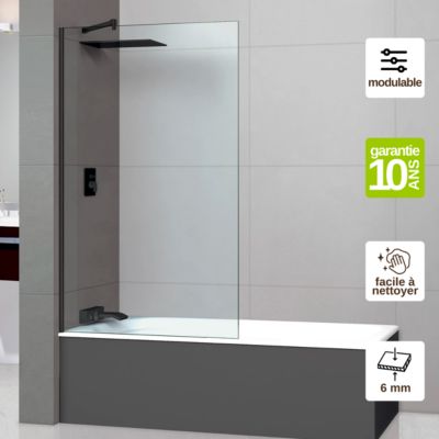 Paroi de baignoire fixe en verre sécurité transparent ép 6mm anti calcaire, L120 x H147 cm, noir mat, SUPERBAN Mont Blanc CC