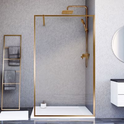 Paroi de douche 120x200 cm verre anticalcaire 6mm avec barre de fixation et cadre complet aluminium Cuivre Brossé ESSEBAGNO Square