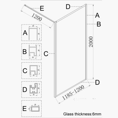 Paroi de douche 120x200 cm verre anticalcaire 6mm avec barre de fixation et cadre complet aluminium Cuivre Brossé ESSEBAGNO Square