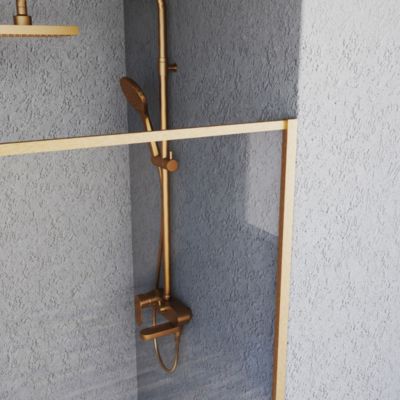 Paroi de douche 120x200 cm verre anticalcaire 6mm avec barre de fixation et cadre complet aluminium Cuivre Brossé ESSEBAGNO Square