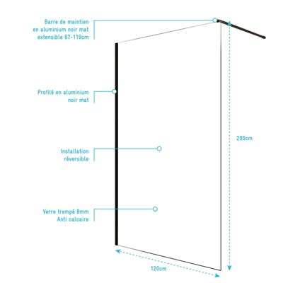 Paroi de Douche 120x200cm en Verre Trempé Transparent 8mm Anticalcaire - Profilé Noir Mat - LINA