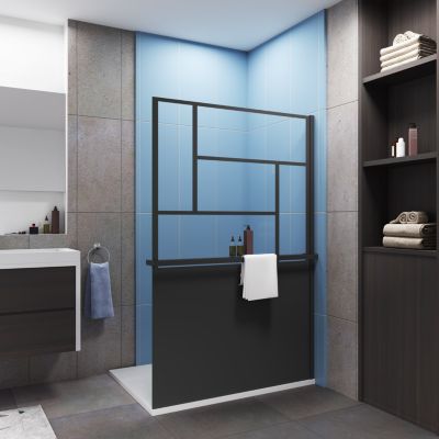 Paroi de douche 120x200cm style industriel + Étagère de Douche 120cm en alu noir + 8mm verre anticalcaire