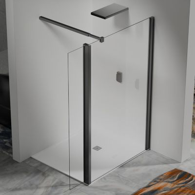 Paroi de Douche 30x200 cm avec Retour Pivotant 40x200 cm Barre Extensible 73-120 cm Aluminium Noir Mat