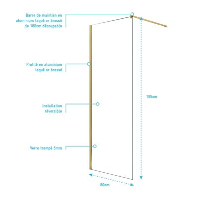 Paroi de Douche 80x195 cm en Verre Trempé 5 mm - Finition Or Brossé - GOLD ELEMENTARY