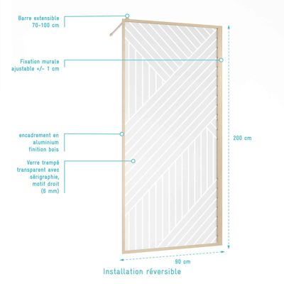 Paroi de douche 90x200 HINATA - Style Japandi Geometrique - Cadre Effet Bois - Verre 6mm
