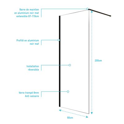 Paroi de Douche 90x200cm en Verre Trempé Transparent 8mm Anticalcaire - Profilé Noir Mat - LINA