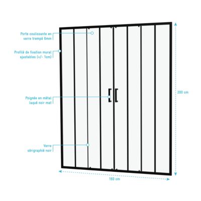 Paroi de douche à double porte coulissante 120 x 160 cm, profilé noir mat laqué, Galedo Factor X