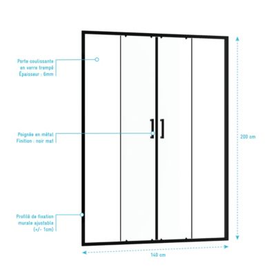 Paroi de douche à double porte coulissante 140 x 200 cm, profilé noir mat laqué, Galedo Factory
