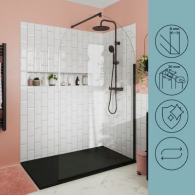 Paroi de douche à l'italienne arrondie l.120 x 198 cm, profilés aluminium finition noir mat, GoodHome Ledava