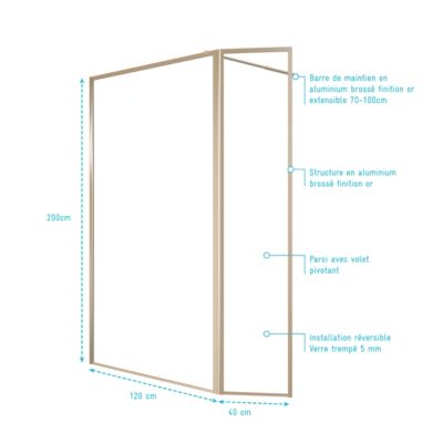 Paroi de douche à l'italienne avec volet pivotant H.200 x l.120+40 cm, ép. 5 mm, profilé doré, Galedo Edge