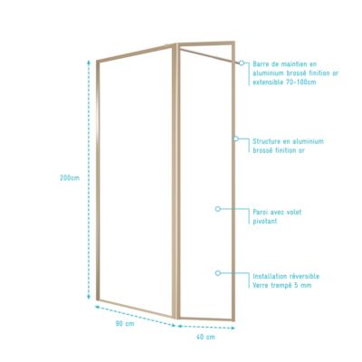 Paroi de douche à l'italienne avec volet pivotant H.200 x l.90+40 cm, ép. 5 mm, profilé doré, Galedo Edge