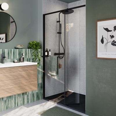 Paroi de douche à l'italienne avec volet pour niche l.120 x H.195 cm, verre transparent, profilés noir, GoodHome Evanna
