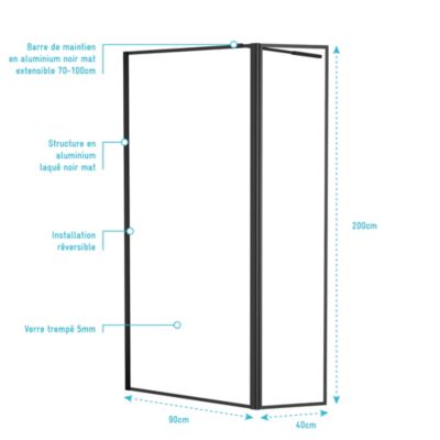Paroi de douche à l'italienne et volet noir Galedo Dark Edge transparent 90+40cm