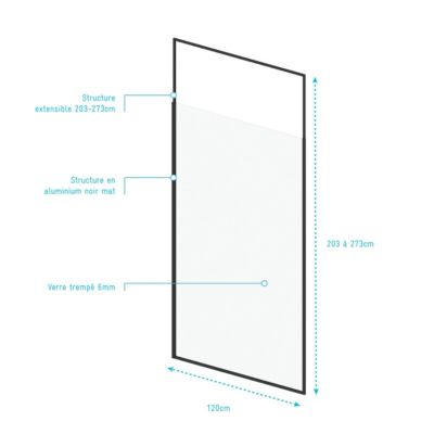 Paroi de douche à l'italienne extensible H.203/273 x l.120 cm, ép. 6 mm, profilé noir, Galedo