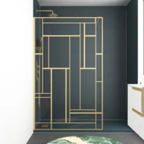 Paroi de douche à l'italienne fixe 120 x 195 cm, motifs géométriques, doré brossé, Galedo Art Deco