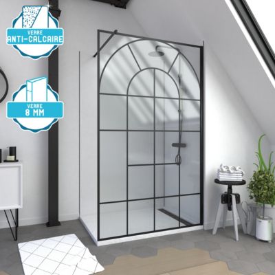 Paroi de douche à l'italienne fixe 120 x 195 cm, motifs verrière orangerie, noir mat, Galedo Garden