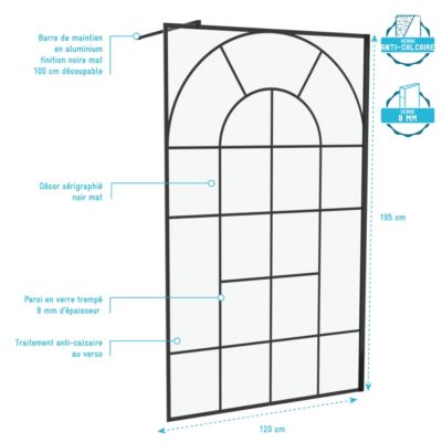 Paroi de douche à l'italienne fixe 120 x 195 cm, motifs verrière orangerie, noir mat, Galedo Garden