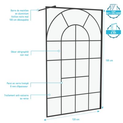 Paroi de douche à l'italienne fixe 120 x 195 cm, motifs verrière orangerie, noir mat, Galedo Garden