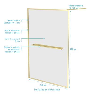 Paroi de douche à l'italienne fixe 140 x 200 cm, doré brossé, Galedo Golden Edge