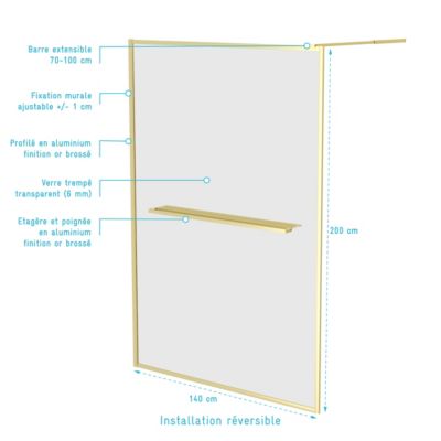 Paroi de douche à l'italienne fixe 140 x 200 cm, doré brossé, Galedo Golden Edge