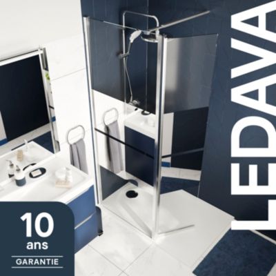Paroi de douche à l'italienne fixe avec volet l.80+45 x H.195 cm, bandes miroir, profilés aluminium chrome, GoodHome Ledava