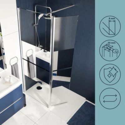 Paroi de douche à l'italienne fixe avec volet l.80+45 x H.195 cm, bandes miroir, profilés aluminium chrome, GoodHome Ledava