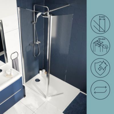 Paroi de douche à l'italienne fixe avec volet l.80+45 x H.195 cm, verre transparent, profilés aluminium chrome, GoodHome Ledava