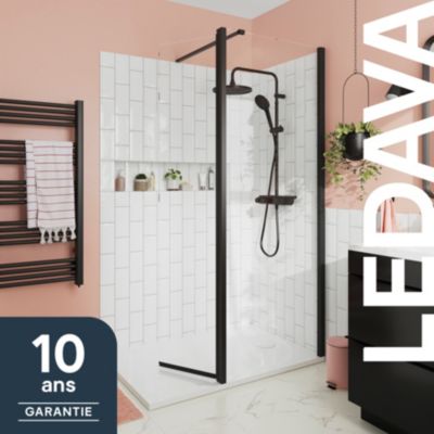 Paroi de douche à l'italienne fixe avec volet l.80+45 x H.195 cm, verre transparent, profilés aluminium noir, GoodHome Ledava