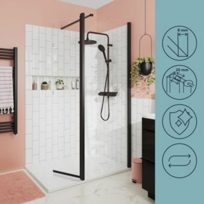 Paroi de douche à l'italienne fixe avec volet l.80+45 x H.195 cm, verre transparent, profilés aluminium noir, GoodHome Ledava