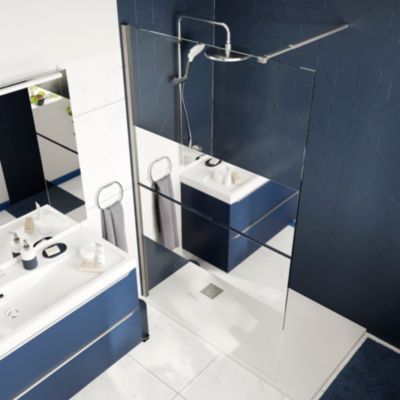 Paroi de douche à l'italienne fixe l.100 x H.195 cm, bandes miroir, profilés aluminium chrome, GoodHome Ledava