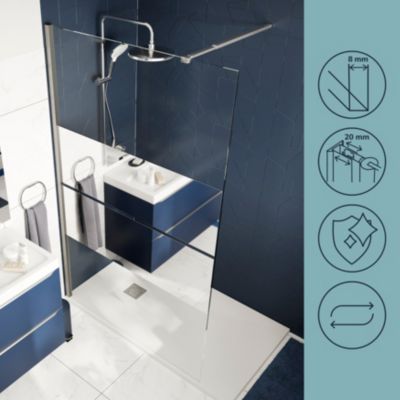 Paroi de douche à l'italienne fixe l.100 x H.195 cm, bandes miroir, profilés aluminium chrome, GoodHome Ledava