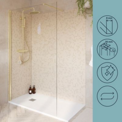 Paroi de douche à l'italienne fixe l.120 x H.195 cm, profilés aluminium finition doré brossé, GoodHome Ledava