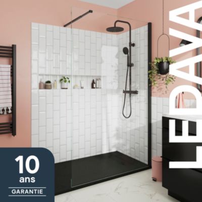 Paroi de douche à l'italienne fixe l.120 x H.195 cm, verre transparent, profilés aluminium noir, GoodHome Ledava