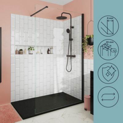Paroi de douche à l'italienne fixe l.120 x H.195 cm, verre transparent, profilés aluminium noir, GoodHome Ledava