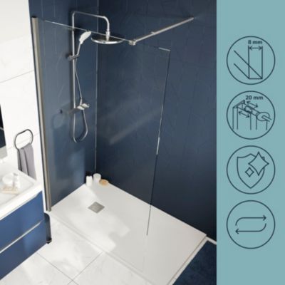 Paroi de douche à l'italienne fixe l.70 x H.195 cm, verre transparent, profilés aluminium chrome, GoodHome Ledava