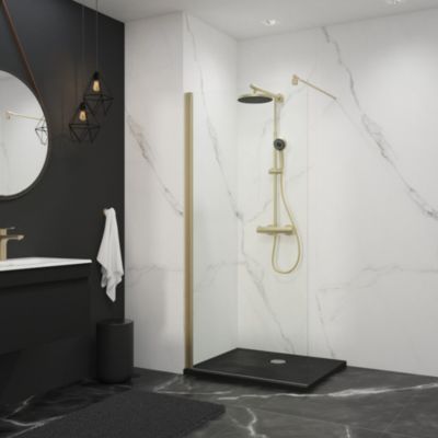 Paroi de douche à l'italienne fixe l.90 x H.190 cm, verre transparent , profilé or , Schulte Newstyle
